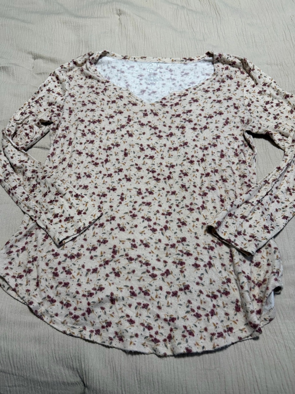 Women's Floral V-Neck Long Sleeve Cozy Top - Cream with Rose Print